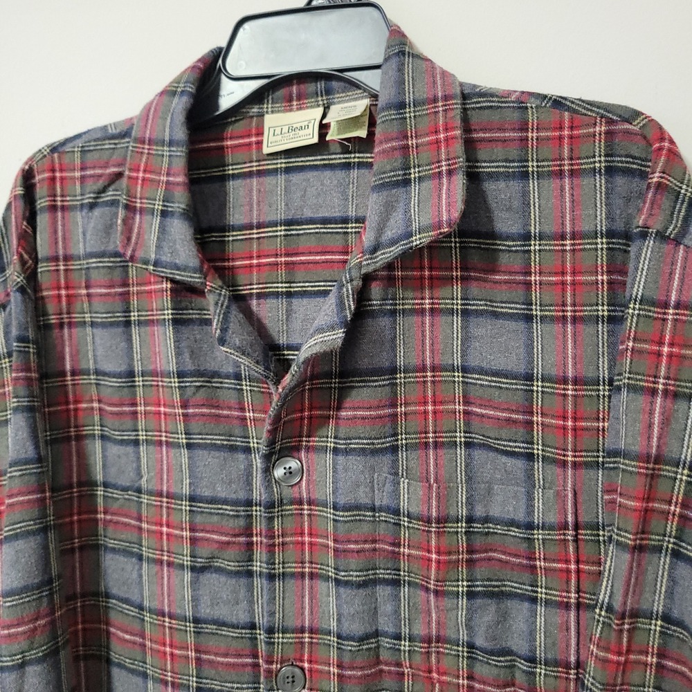 Vintage L.L.Bean Pajama Shirt Mens L Red Gray Plaid Flannel Cotton Sleepwear
